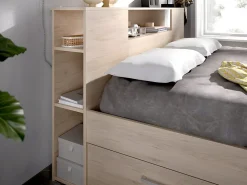 Lit avec tête de lit rangements et tiroirs - 140 x 190 cm - Coloris : Naturel + Sommier - LEANDRE><noscript><img width=