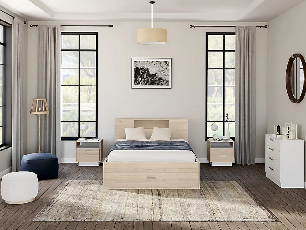 Lit avec tête de lit rangements et tiroirs - 140 x 190 cm - Coloris : Naturel + Sommier - LEANDRE>Vente-unique Hot