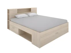 Lit avec tête de lit rangements et tiroirs - 140 x 190 cm - Coloris : Naturel + Sommier - LEANDRE><noscript><img width=