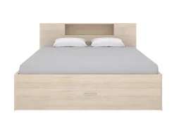 Lit avec tête de lit rangements et tiroirs - 140 x 190 cm - Coloris : Naturel + Sommier - LEANDRE><noscript><img width=