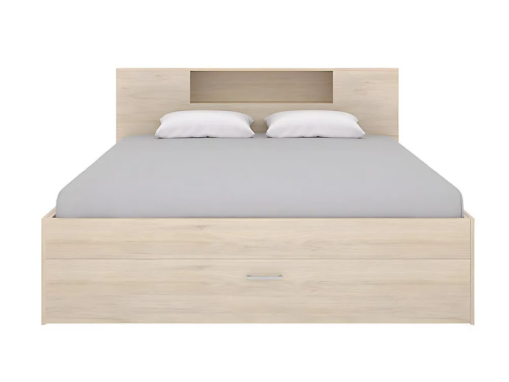 Lit avec tête de lit rangements et tiroirs - 140 x 190 cm - Coloris : Naturel + Sommier - LEANDRE>Vente-unique Hot