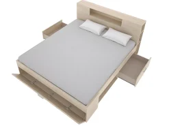 Lit avec tête de lit rangements et tiroirs - 140 x 190 cm - Coloris : Naturel + Sommier - LEANDRE><noscript><img width=