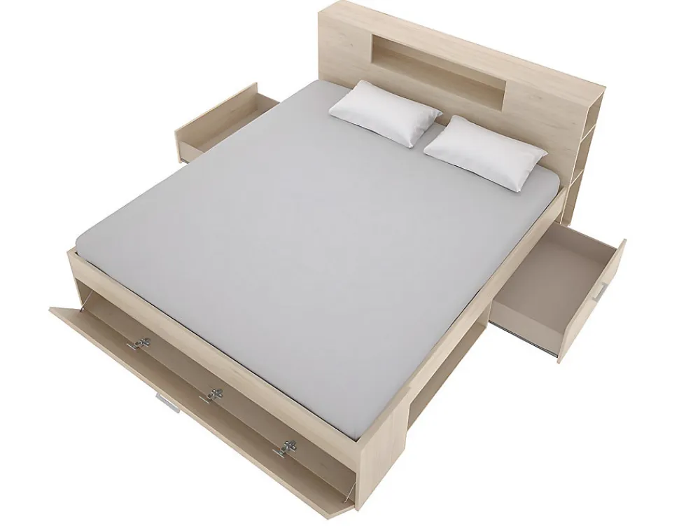 Lit avec tête de lit rangements et tiroirs - 140 x 190 cm - Coloris : Naturel + Sommier - LEANDRE>Vente-unique Hot