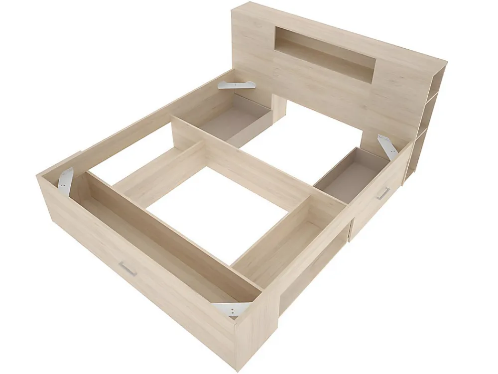 Lit avec tête de lit rangements et tiroirs - 140 x 190 cm - Coloris : Naturel + Sommier - LEANDRE>Vente-unique Hot