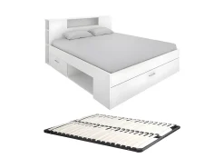 Vente-unique Lit avec tête de lit rangements et tiroirs - 140 x 190 cm - Coloris : Blanc + Sommier - LEANDRE* Lit Avec Rangement