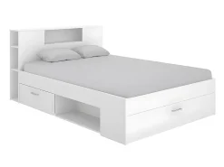 Vente-unique Lit avec tête de lit rangements et tiroirs - 140 x 190 cm - Coloris : Blanc + Sommier - LEANDRE* Lit Avec Rangement