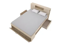 Vente-unique Lit avec tête de lit rangements et tiroirs - 160 x 200 cm - Coloris : Naturel - LEANDRE* Lit Avec Rangement