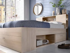 Vente-unique Lit avec tête de lit rangements et tiroirs - 160 x 200 cm - Coloris : Naturel - LEANDRE* Lit Avec Rangement