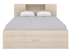 Vente-unique Lit avec tête de lit rangements et tiroirs - 160 x 200 cm - Coloris : Naturel - LEANDRE* Lit Avec Rangement