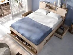 Vente-unique Lit avec tête de lit rangements et tiroirs - 160 x 200 cm - Coloris : Naturel - LEANDRE* Lit Avec Rangement