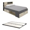 Lit avec tête de lit rangements et tiroirs - 120 x 190cm - Coloris : Naturel et anthracite + Sommier - LEANDRE>Vente-unique New