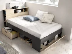 Lit avec tête de lit rangements et tiroirs - 120 x 190cm - Coloris : Naturel et anthracite + Sommier - LEANDRE><noscript><img width=