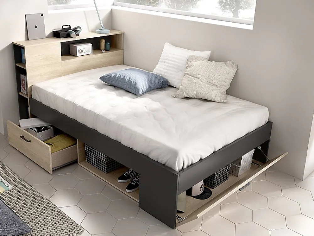 Lit avec tête de lit rangements et tiroirs - 120 x 190cm - Coloris : Naturel et anthracite + Sommier - LEANDRE>Vente-unique New