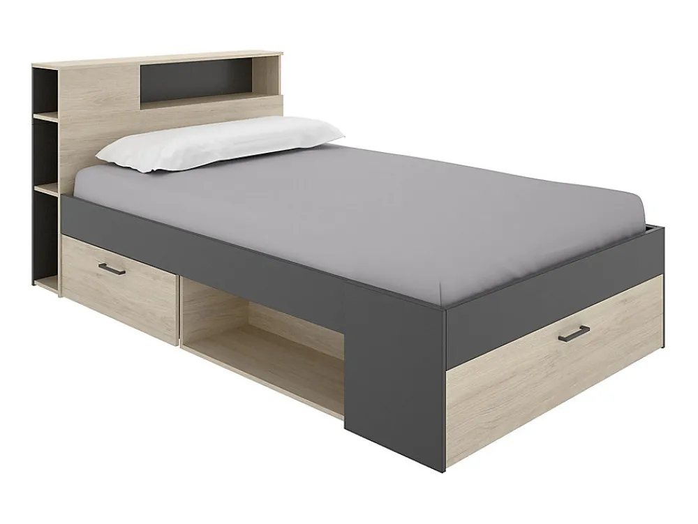 Lit avec tête de lit rangements et tiroirs - 120 x 190cm - Coloris : Naturel et anthracite + Sommier - LEANDRE>Vente-unique New