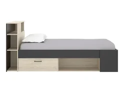 Lit avec tête de lit rangements et tiroirs - 120 x 190cm - Coloris : Naturel et anthracite + Sommier - LEANDRE><noscript><img width=