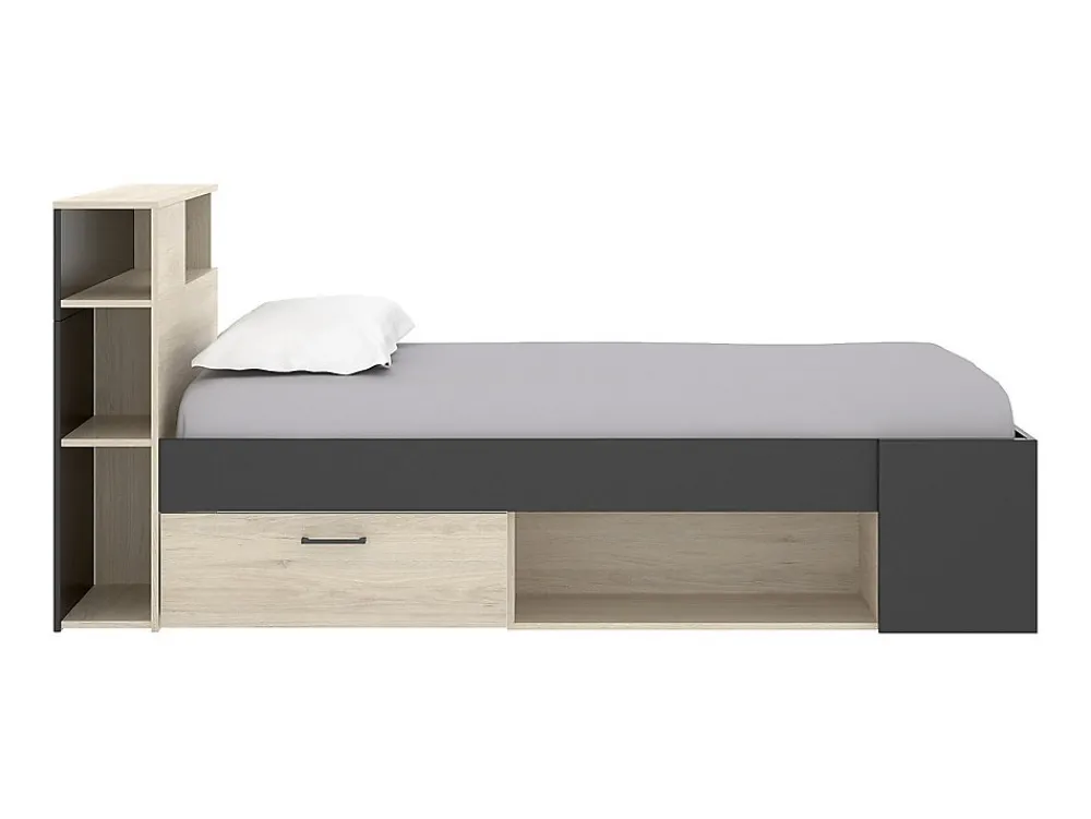 Lit avec tête de lit rangements et tiroirs - 120 x 190cm - Coloris : Naturel et anthracite + Sommier - LEANDRE>Vente-unique New