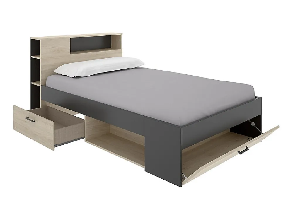 Lit avec tête de lit rangements et tiroirs - 120 x 190cm - Coloris : Naturel et anthracite + Sommier - LEANDRE>Vente-unique New