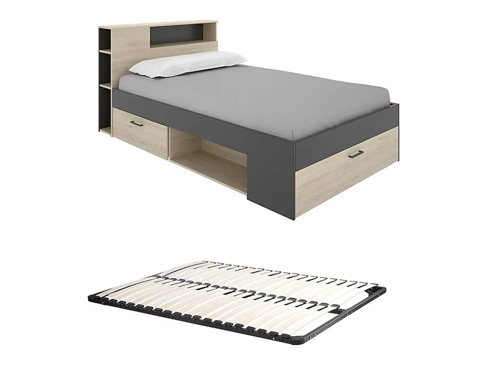 Lit avec tête de lit rangements et tiroirs - 120 x 190cm - Coloris : Naturel et anthracite + Sommier - LEANDRE>Vente-unique New