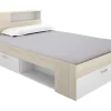 Lit avec tête de lit rangements et tiroir - 120 x 190 cm - Coloris : Naturel et blanc - LEANDRE>Vente-unique Hot