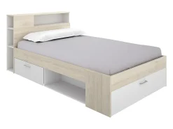 Lit avec tête de lit rangements et tiroir - 120 x 190 cm - Coloris : Naturel et blanc - LEANDRE>Vente-unique Hot