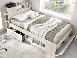 Lit avec tête de lit rangements et tiroir - 120 x 190 cm - Coloris : Naturel et blanc - LEANDRE><noscript><img width=