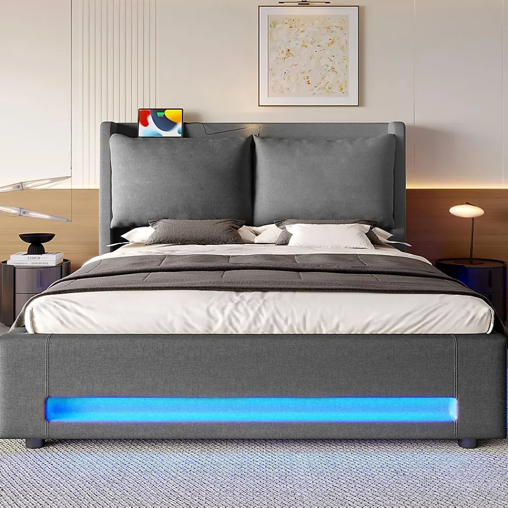Blackcolors Lit baldaquin velours 140x200 cm, tête de lit élégante, ports USB-C, LED ambiance, rangement - moderne* Lit Coffre