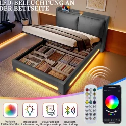 Blackcolors Lit baldaquin velours 140x200 cm, tête de lit élégante, ports USB-C, LED ambiance, rangement - moderne* Lit Coffre