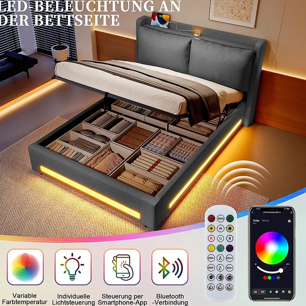 Blackcolors Lit baldaquin velours 140x200 cm, tête de lit élégante, ports USB-C, LED ambiance, rangement - moderne* Lit Coffre