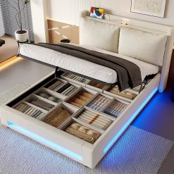 Lit baldaquin velours 140x200 cm, tête de lit élégante, ports USB-C, LED ambiance, rangement - moderne>Blackcolors Online
