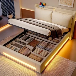 Lit baldaquin velours 140x200 cm, tête de lit élégante, ports USB-C, LED ambiance, rangement - moderne><noscript><img width=