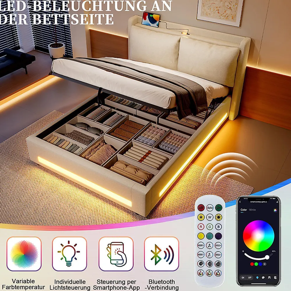 Lit baldaquin velours 140x200 cm, tête de lit élégante, ports USB-C, LED ambiance, rangement - moderne>Blackcolors Online