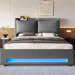 Blackcolors Lit baldaquin velours 160x200 cm, tête de lit élégante, ports USB-C, LED ambiance, rangement - moderne* Lit Coffre
