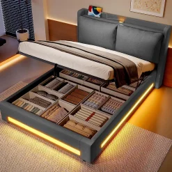 Blackcolors Lit baldaquin velours 140x190 cm, tête de lit élégante, ports USB-C, LED ambiance, rangement - moderne* Lit Coffre