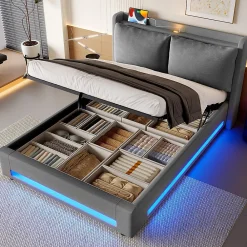 Blackcolors Lit baldaquin velours 140x190 cm, tête de lit élégante, ports USB-C, LED ambiance, rangement - moderne* Lit Coffre