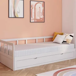 Lit banquette 90 x 190 cm ZOYA convertible 180 x 190 cm blanc avec 1 tiroir de rangement>IDMarket Online
