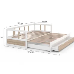 IDMarket Lit banquette 90 x 190 cm ZOYA convertible 180 x 190 cm blanc et hêtre avec 1 tiroir de rangement* Lit Avec Rangement