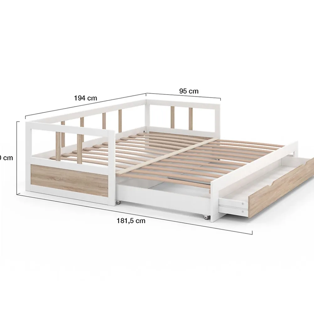 IDMarket Lit banquette 90 x 190 cm ZOYA convertible 180 x 190 cm blanc et hêtre avec 1 tiroir de rangement* Lit Avec Rangement