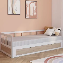 IDMarket Lit banquette 90 x 190 cm ZOYA convertible 180 x 190 cm blanc et hêtre avec 1 tiroir de rangement* Lit Avec Rangement