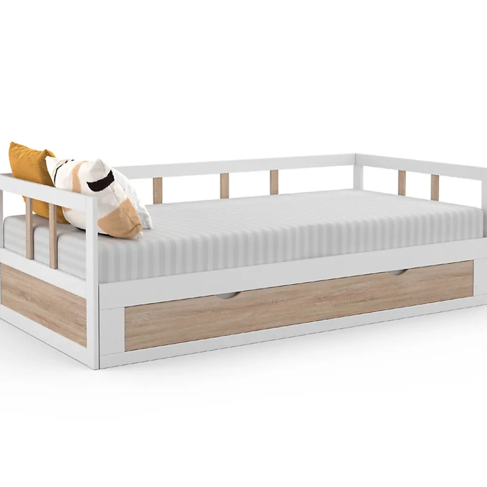 IDMarket Lit banquette 90 x 190 cm ZOYA convertible 180 x 190 cm blanc et hêtre avec 1 tiroir de rangement* Lit Avec Rangement