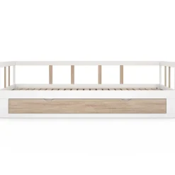 IDMarket Lit banquette 90 x 190 cm ZOYA convertible 180 x 190 cm blanc et hêtre avec 1 tiroir de rangement* Lit Avec Rangement
