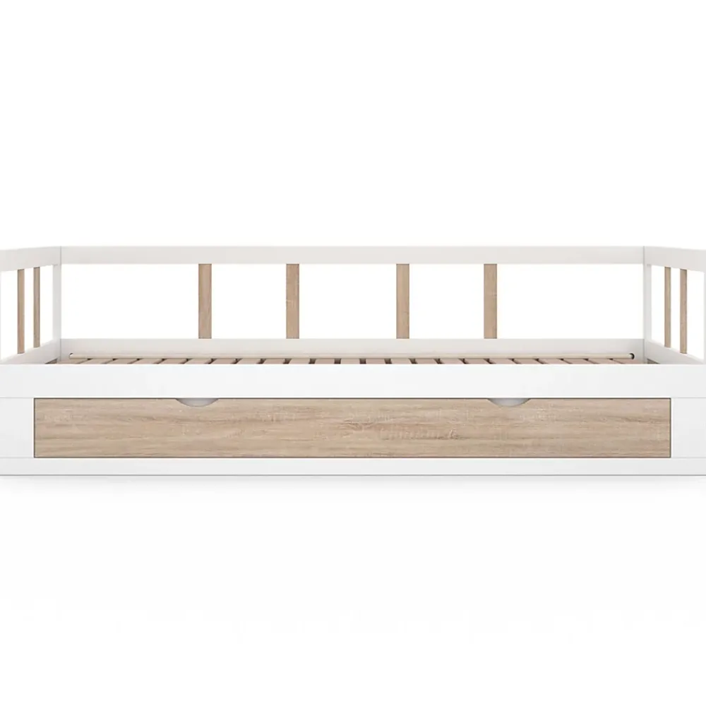 IDMarket Lit banquette 90 x 190 cm ZOYA convertible 180 x 190 cm blanc et hêtre avec 1 tiroir de rangement* Lit Avec Rangement
