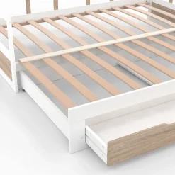 IDMarket Lit banquette 90 x 190 cm ZOYA convertible 180 x 190 cm blanc et hêtre avec 1 tiroir de rangement* Lit Avec Rangement