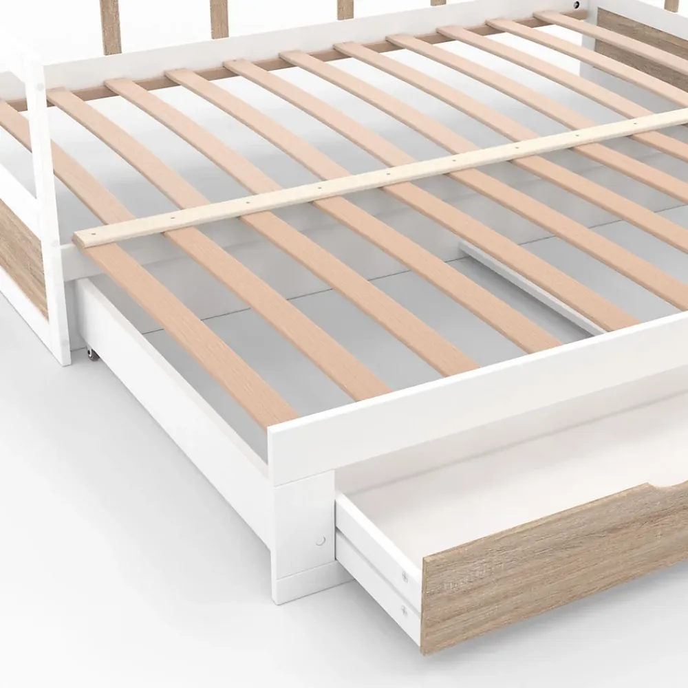 IDMarket Lit banquette 90 x 190 cm ZOYA convertible 180 x 190 cm blanc et hêtre avec 1 tiroir de rangement* Lit Avec Rangement