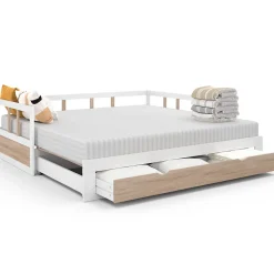 IDMarket Lit banquette 90 x 190 cm ZOYA convertible 180 x 190 cm blanc et hêtre avec 1 tiroir de rangement* Lit Avec Rangement