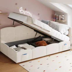 Okwish Lit Banquette enfant 90x200 cm - Rembourré Velours avec Prise USB et Rangement Latéral - Sans Matelas - Beige* Lit Coffre