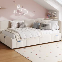 Okwish Lit Banquette enfant 90x200 cm - Rembourré Velours avec Prise USB et Rangement Latéral - Sans Matelas - Beige* Lit Coffre