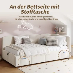 Okwish Lit Banquette enfant 90x200 cm - Rembourré Velours avec Prise USB et Rangement Latéral - Sans Matelas - Beige* Lit Coffre