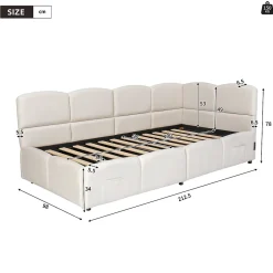 Okwish Lit Banquette enfant 90x200 cm - Rembourré Velours avec Prise USB et Rangement Latéral - Sans Matelas - Beige* Lit Coffre