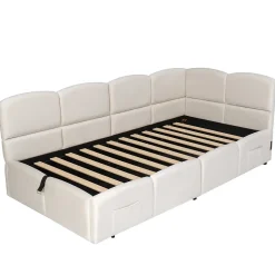Okwish Lit Banquette enfant 90x200 cm - Rembourré Velours avec Prise USB et Rangement Latéral - Sans Matelas - Beige* Lit Coffre