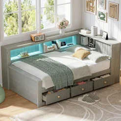 Okwish Lit Banquette Simple 90x200 cm - avec Rangement Intégré, 3 Tiroirs et Étagères, MDF et Contreplaqué, Gris, sans Matelas*Enfant Lit Enfant